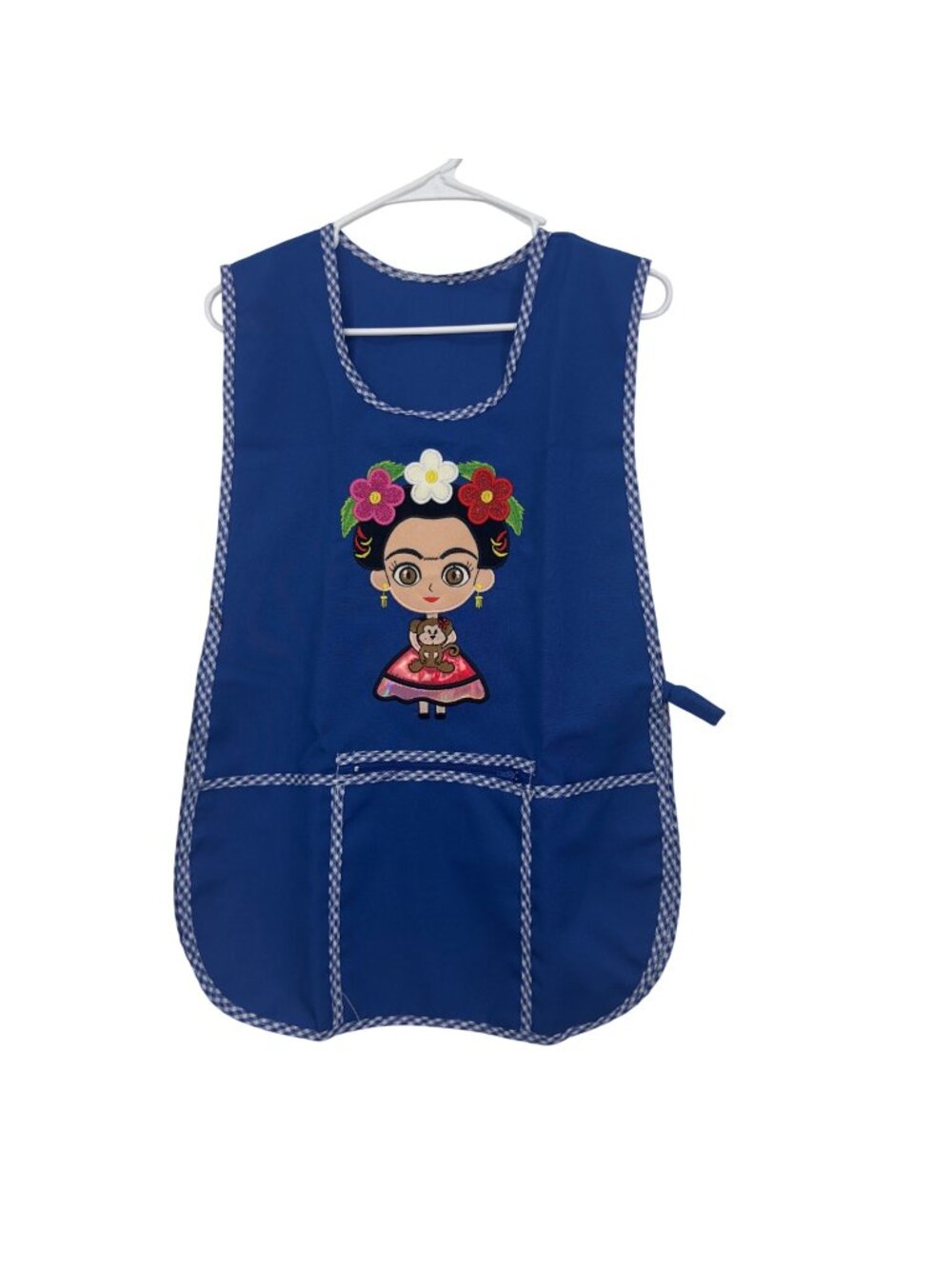 Apron Frida Kahlo-Inspired Embroidered Floral Front Pocket Gingham Trim One Size